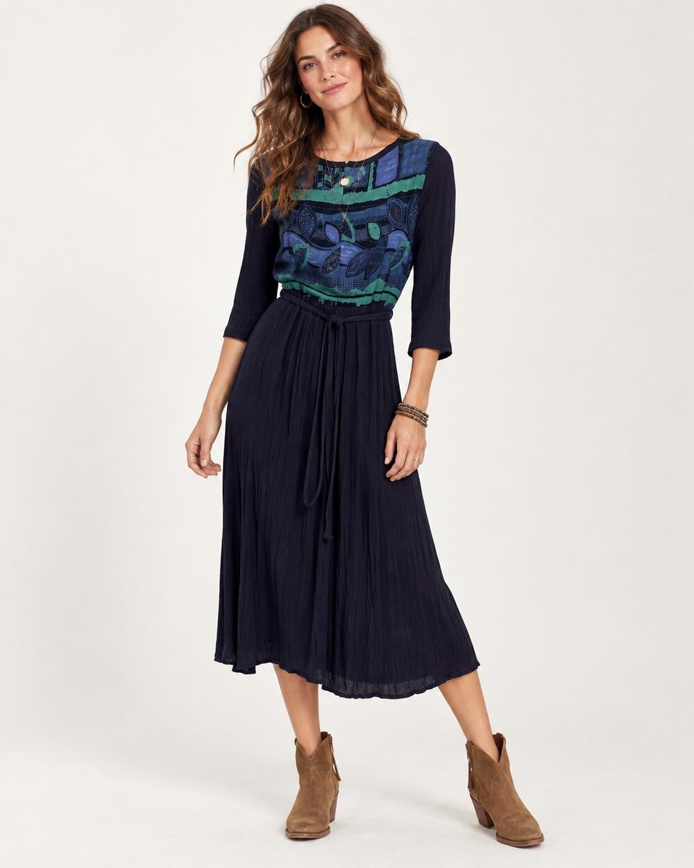Vintage Blue Crepe Midi Dress Womens 8 80s Embroidered Short Sleeve Green Fall